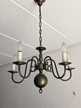 Antieke messing bolkroonluchter 5 arms