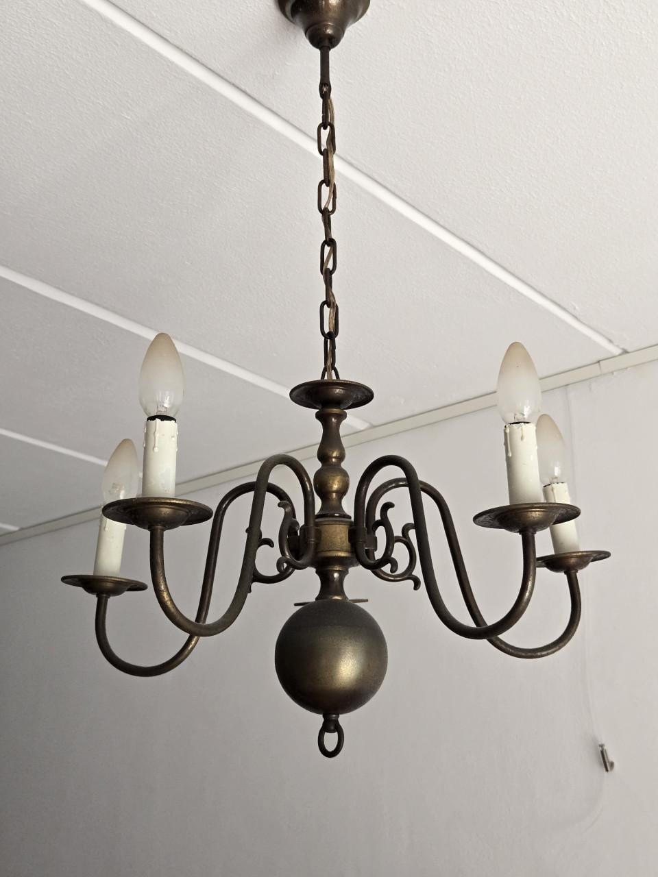 Antieke messing bolkroonluchter 5 arms