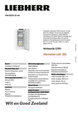 Vrieskast, Liebherr, 70cm breed! 8jr garantie. Ipv 1299,- (Nieuw)