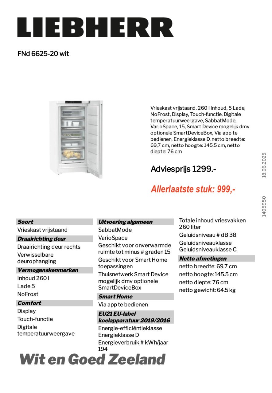 Vrieskast, Liebherr, 70cm breed! 8jr garantie. Ipv 1299,- (Nieuw)