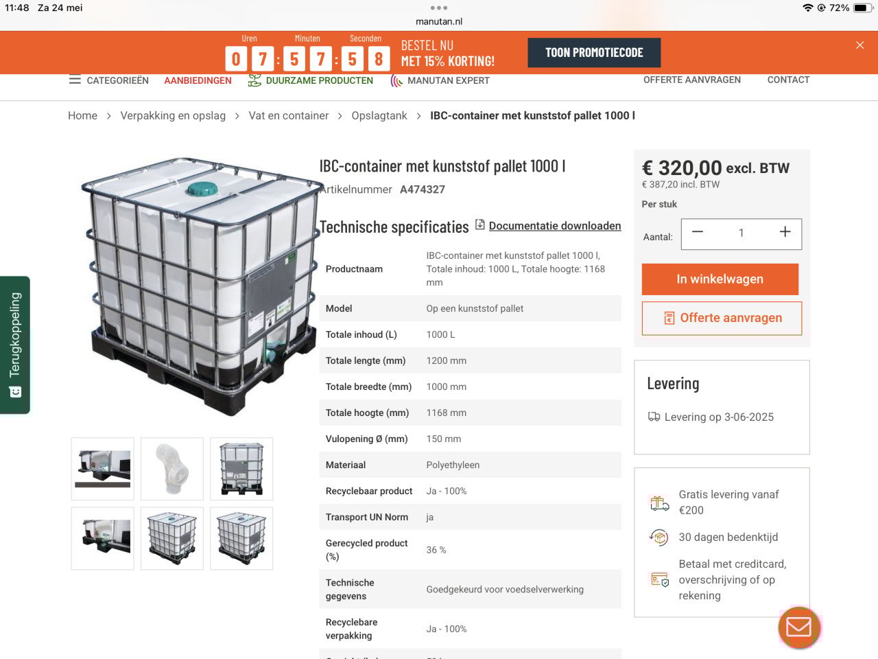 IBC vat 1000 liter nieuw