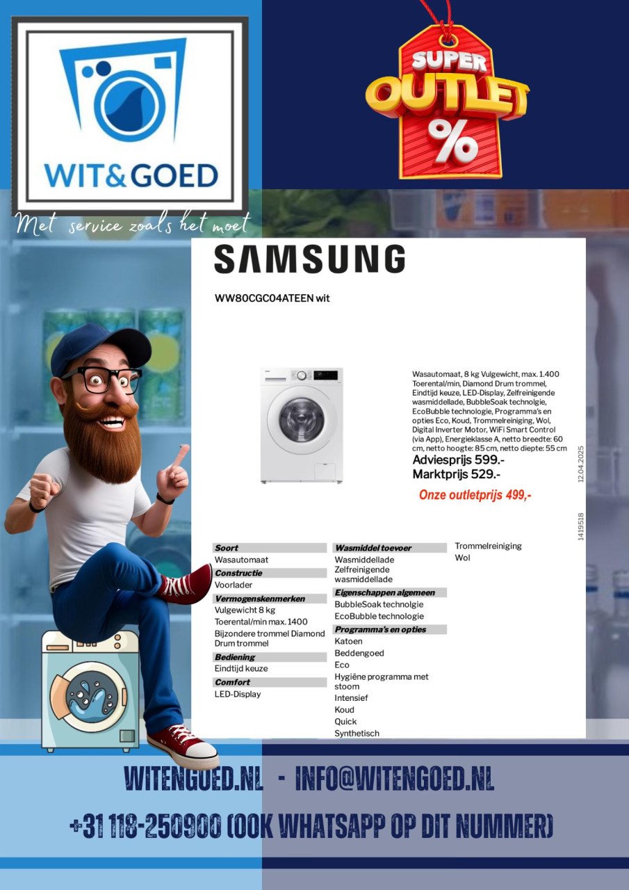 SAMSUNG WW80GC04ATEEN – 8KG WASAUTOMAAT MET ECOBUBBLE TECHNOLOGIE!