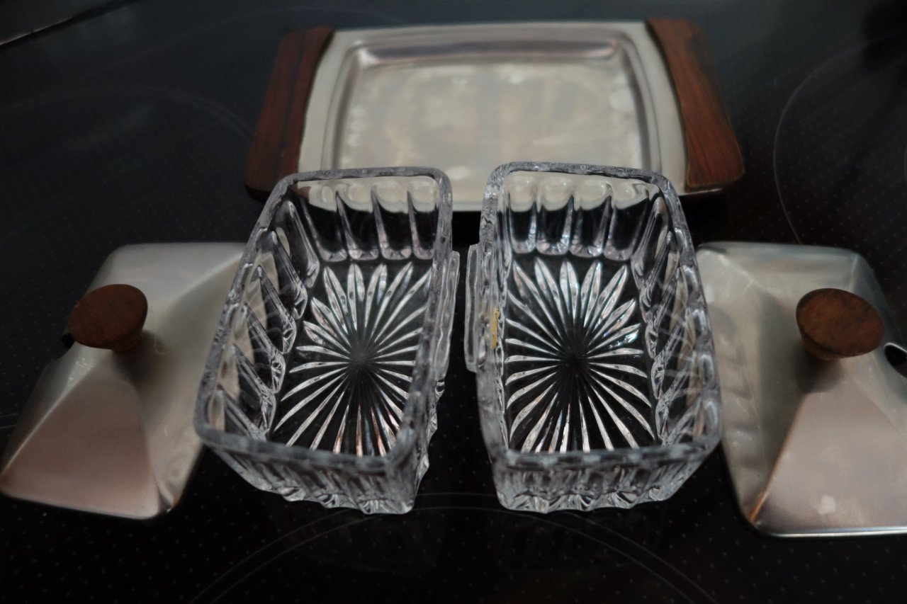 Vintage rvs/bleikristal jam garnituur set