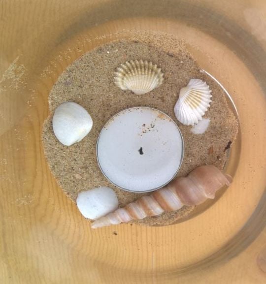 4 grote glas theelichthouders 19 cm +schelpen+kaarsen! 4=€5