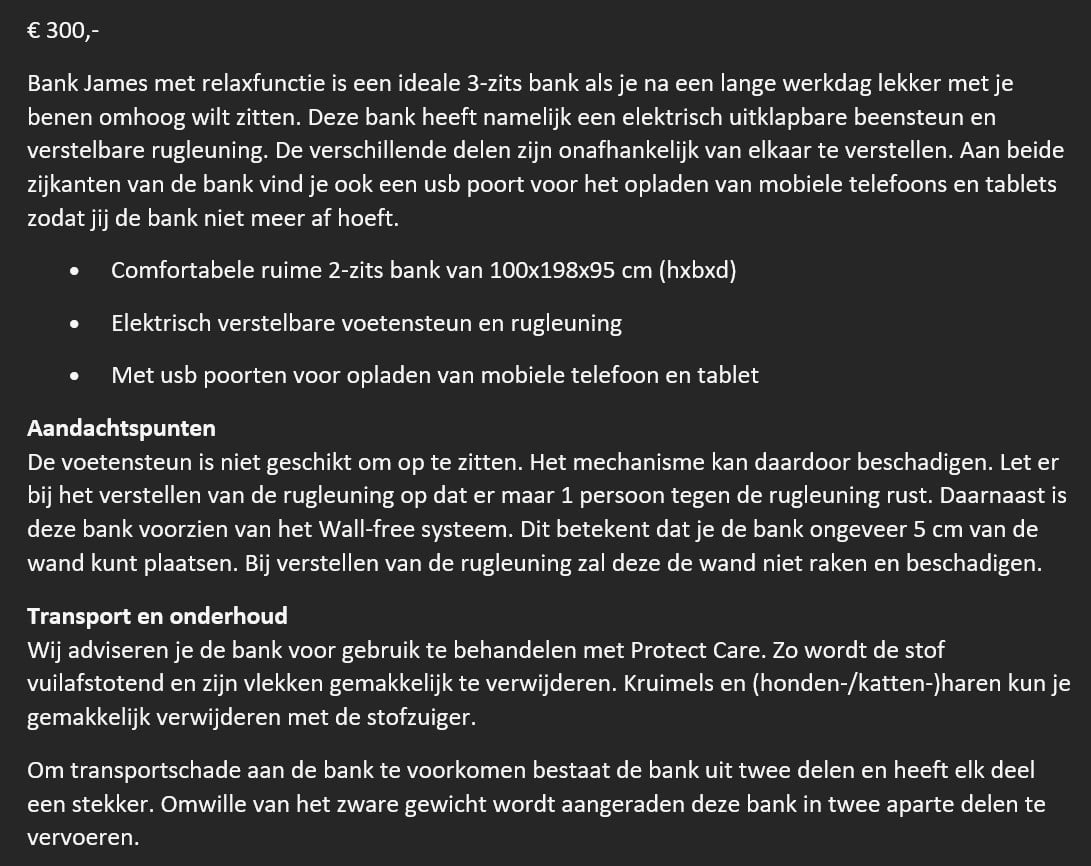 Bank elektrisch verstelbaar