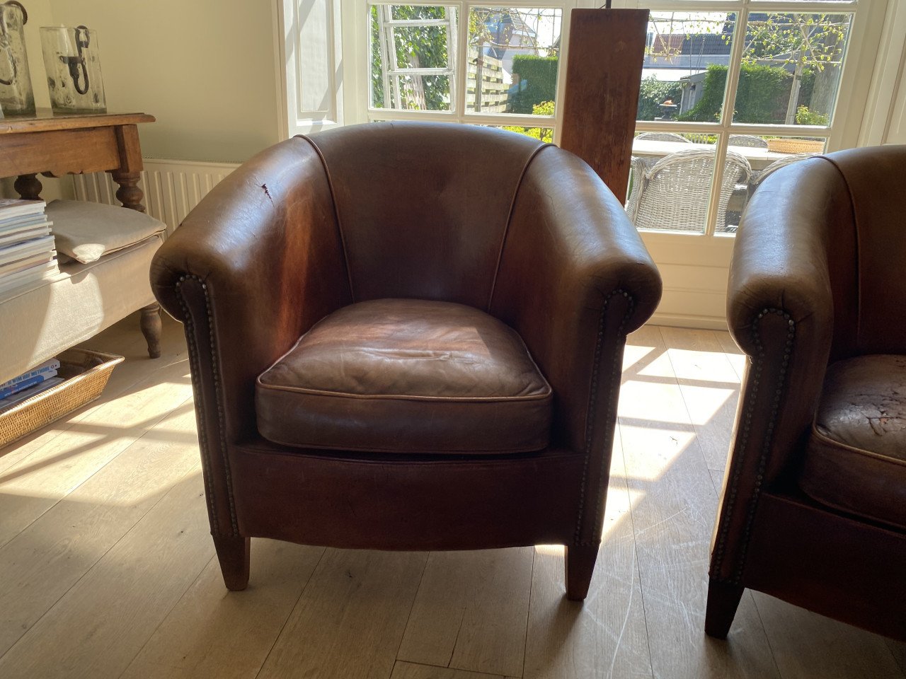 Set vintage schapenleren club fauteuils