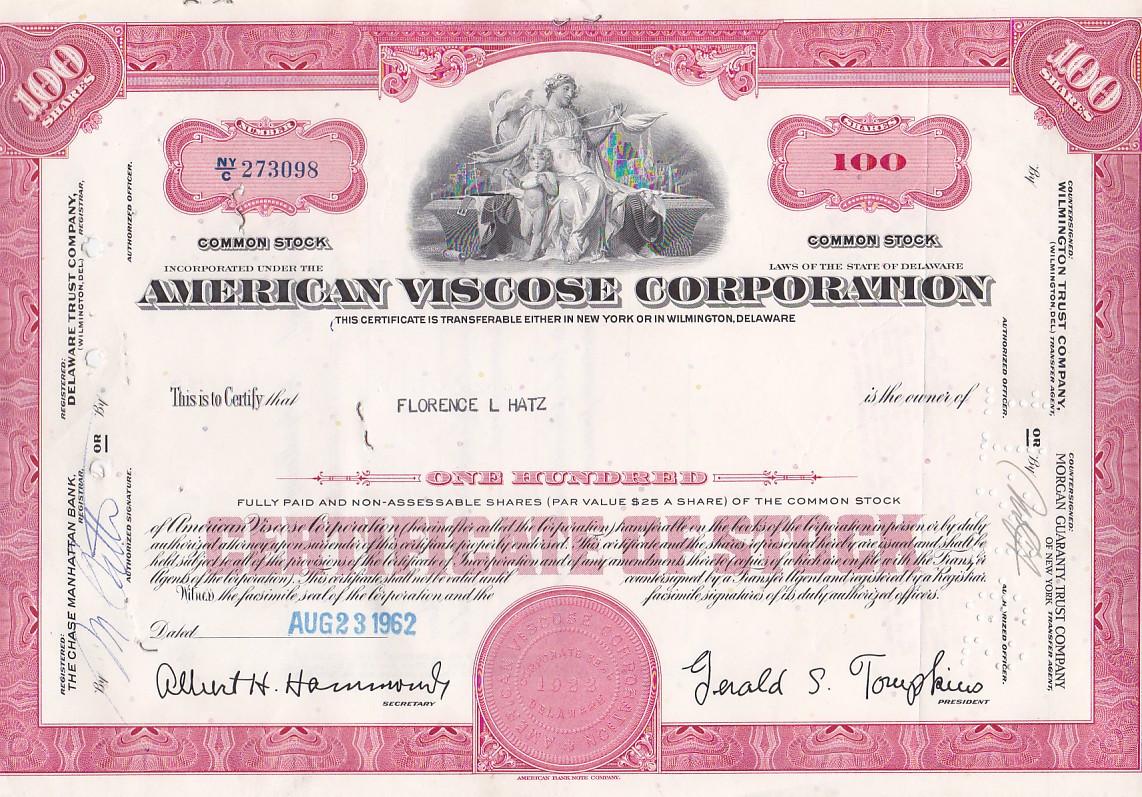 Oud Aandeel American Viscose Corporation 1962