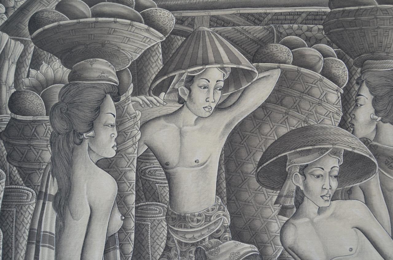 Twee prachtige enorme Balinese schilderijen, pendanten, gesigneerd
