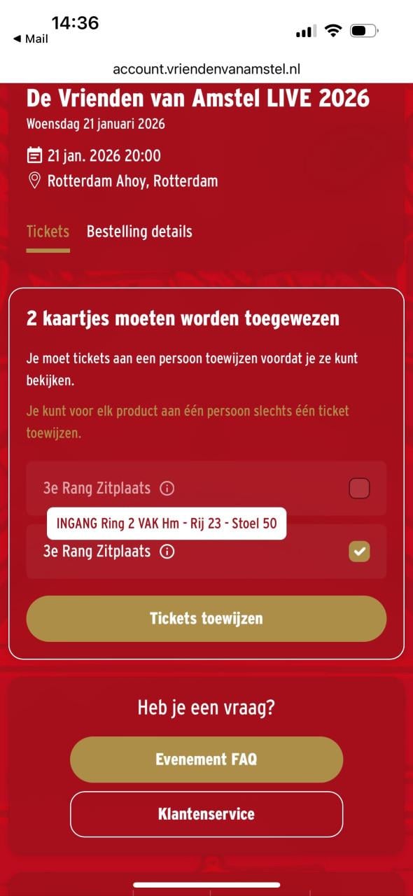 Vrienden van Amstel Live 2x tickets 3e rang zitplaats