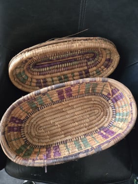 Ovale spiraalmand met deksel, vintage tribal stijl. L41.5xB22.5xH17cm