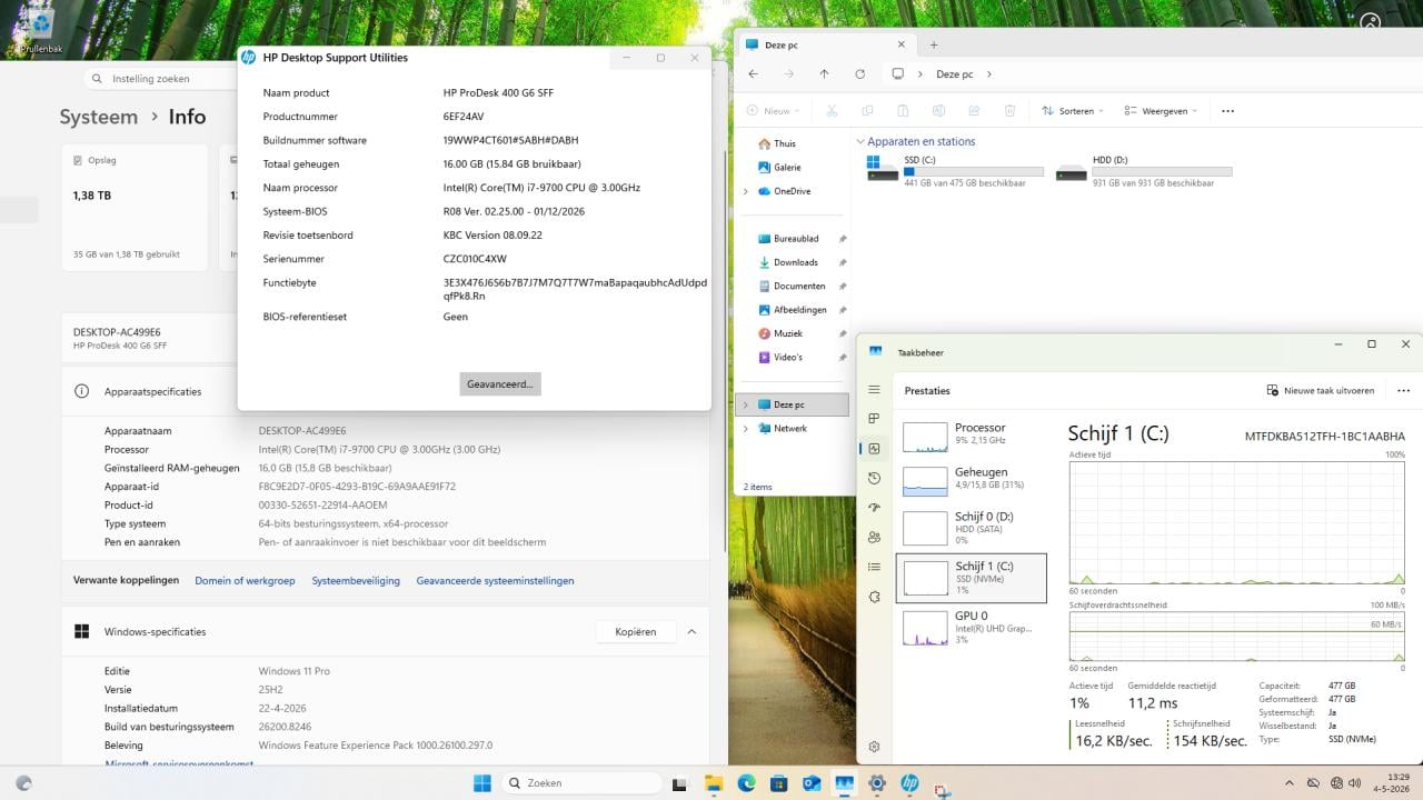 Complete HP ProDesk 400 G6 SFF i7-9700 16Gb 512Gb+1Tb Win11 24" 225€