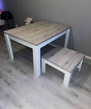 Eettafel en salontafel hoogglans wit/eikenkleur