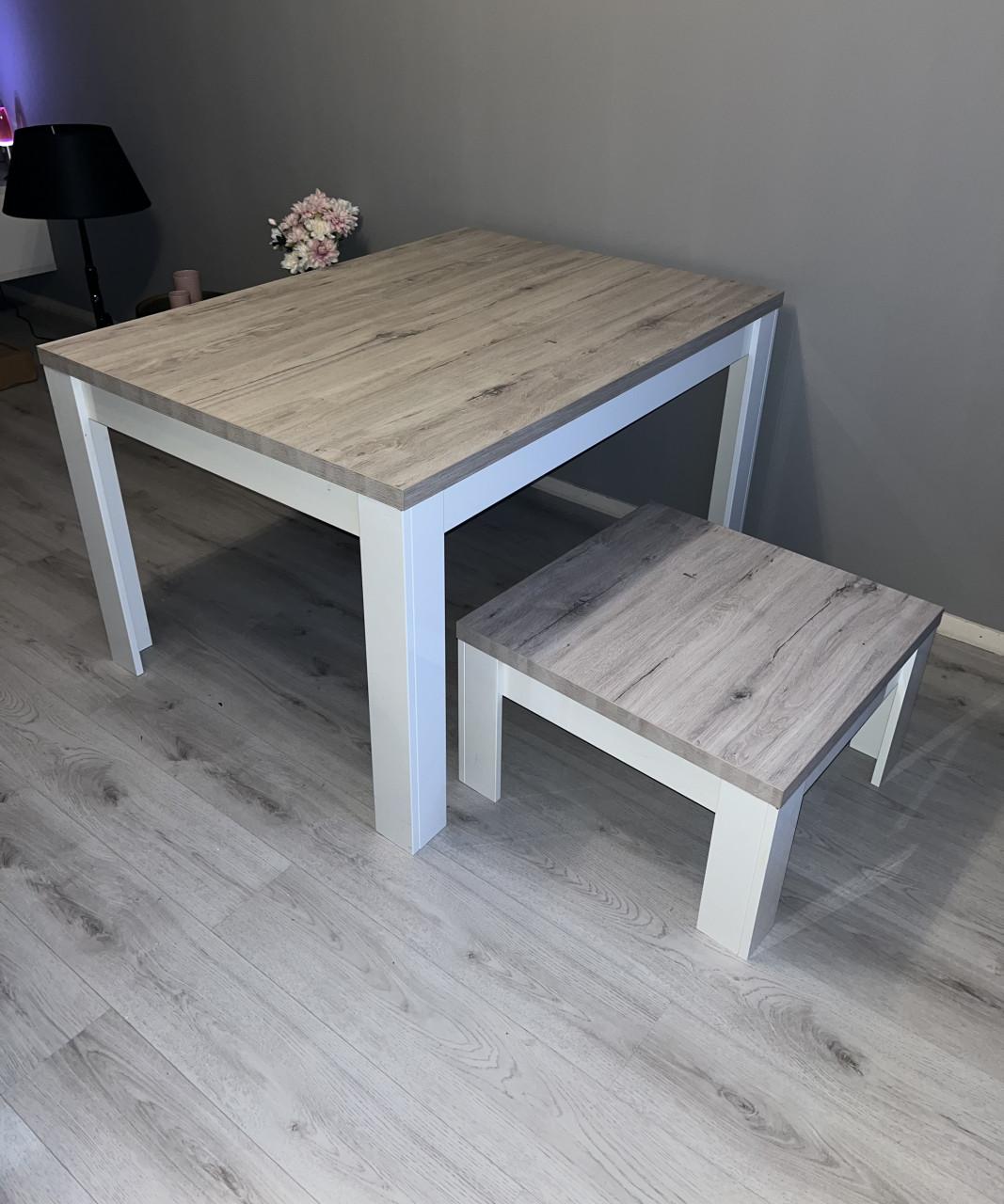 Eettafel en salontafel hoogglans wit/eikenkleur