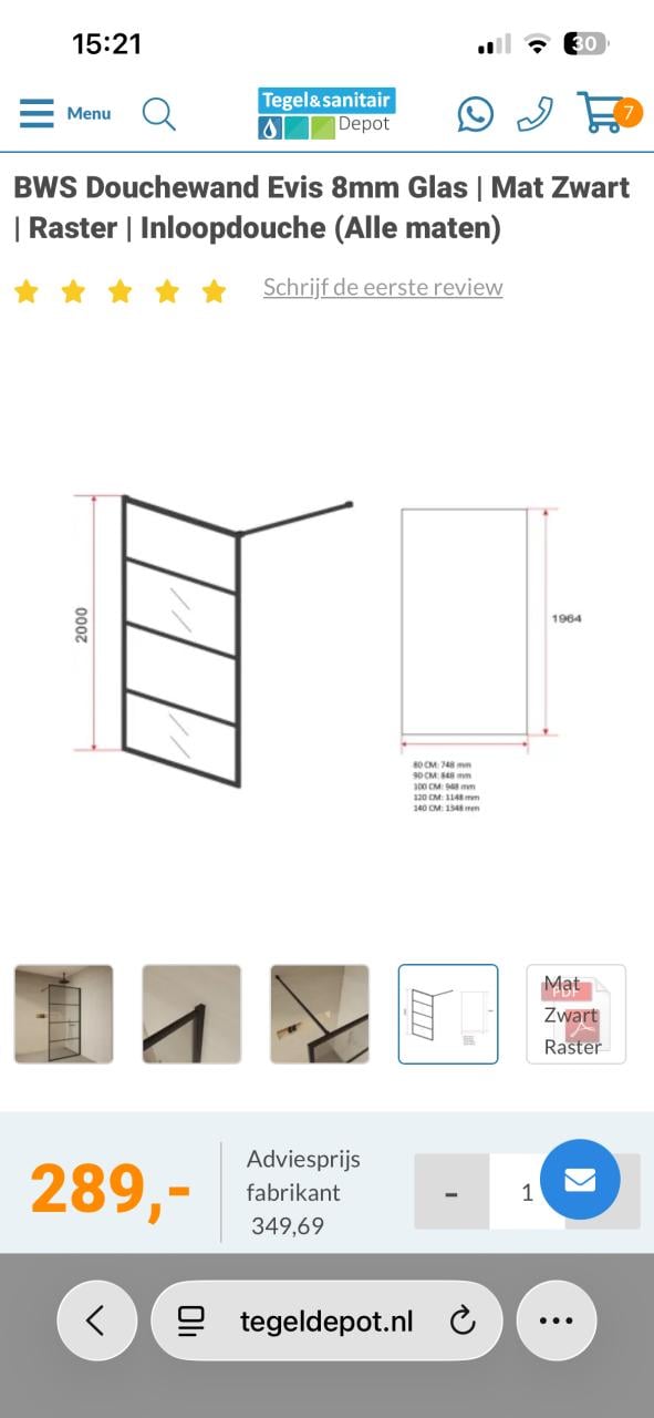 Nieuw in doos: Glazen douchewand 200 * 120