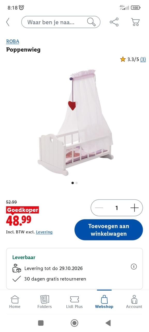 Roba poppenwiegje hout met hemeltje