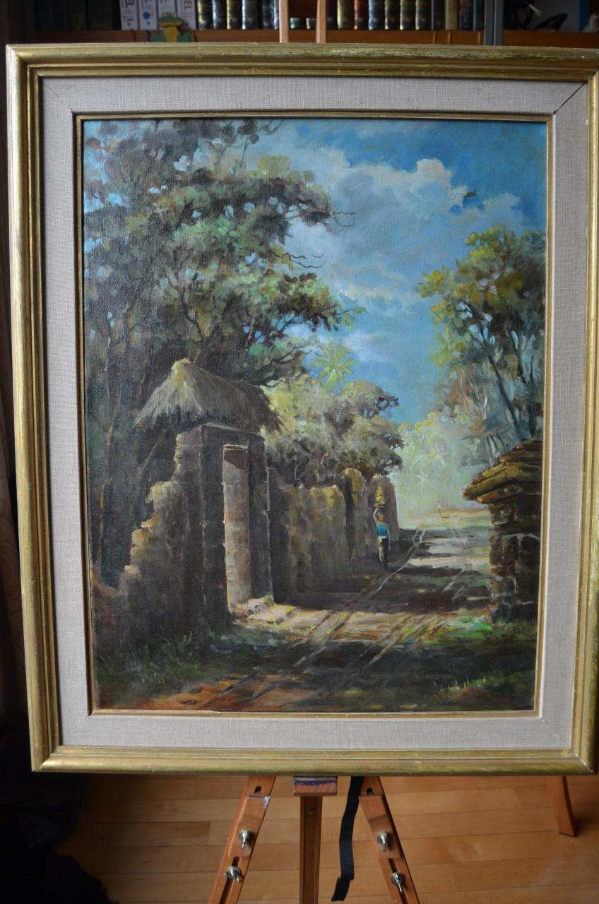 Indonesisch/Aziatisch schilderij: vrouw bij Tempelmuur