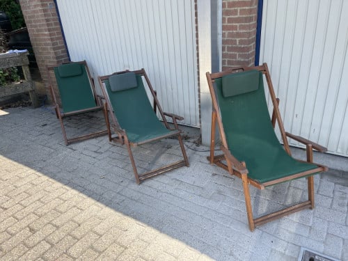 3 inklapbare strandstoelen met teakhouten frame