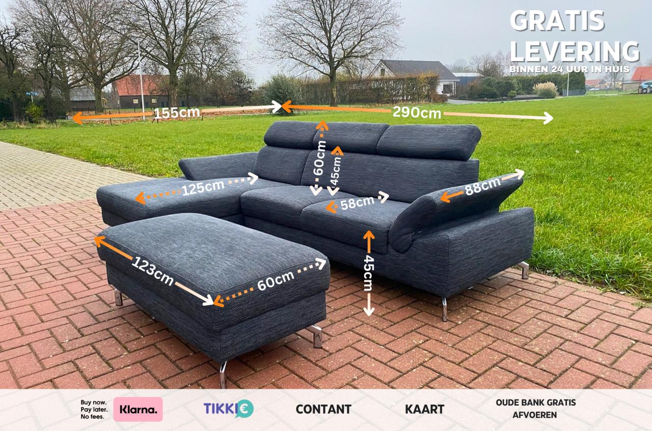 GRATIS LEVERING HEEL NL Montel Grjs Stoffen Hoekbank +Hocker