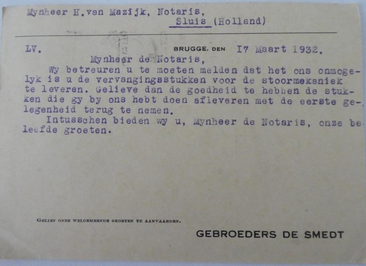 Firma Briefkaart, 1932, Brugge-Sluis, De Smedt groothandel metaalwaren