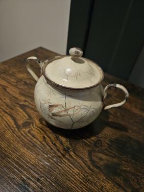 Mooie antieke Emaille Suikerpot met Vogeldecoratie