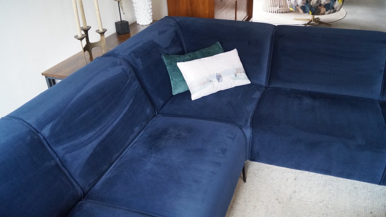 LIVIN24 Scandinavische hoekbank Vegas, stof velvet blauw 2,7 x 2,7 Meter.