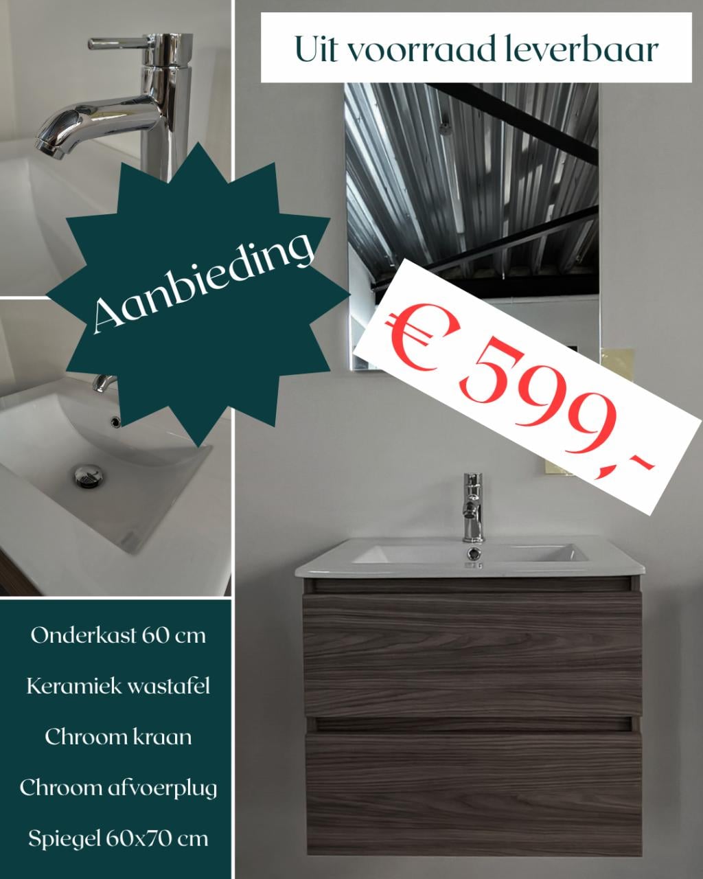 Badkamermeubel set 60 cm incl spiegel, kraan en afvoerplug