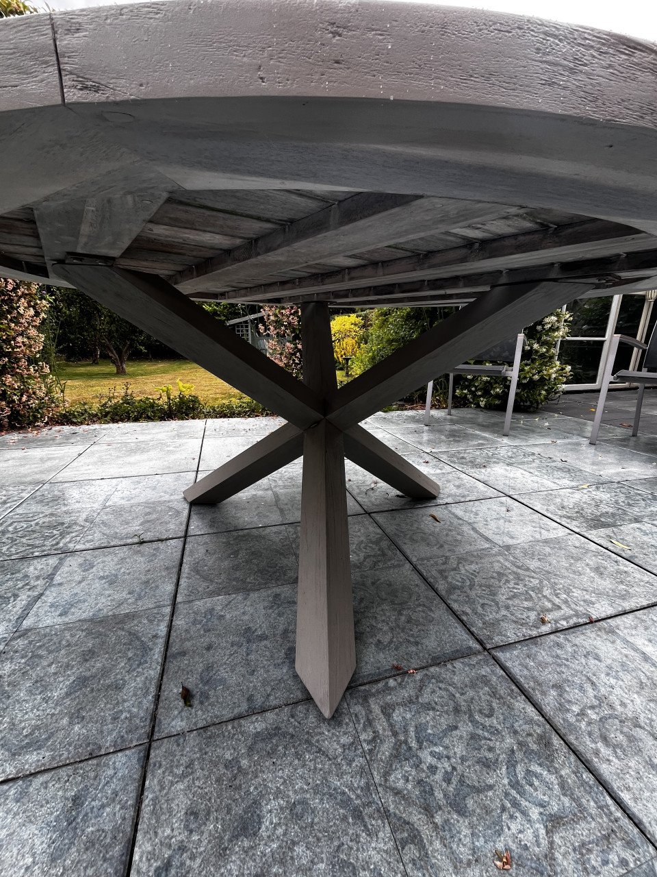 Ronde Tuintafel, teak, greywash, 160 cm!
