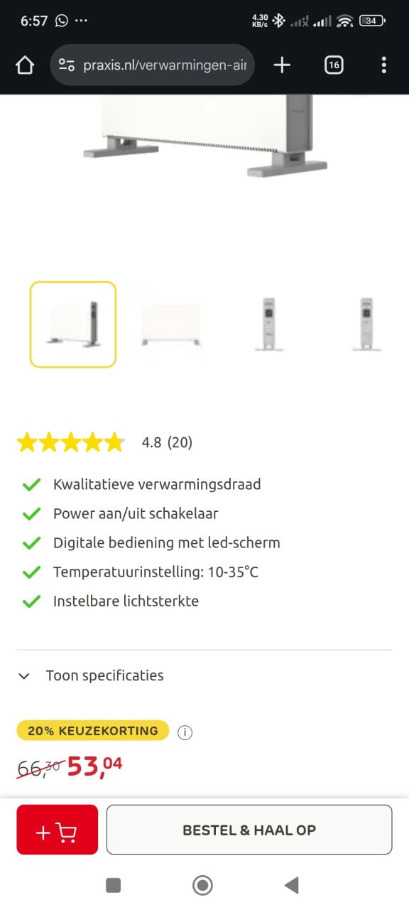 Sencys convectorkachel digitaal 2000 watt