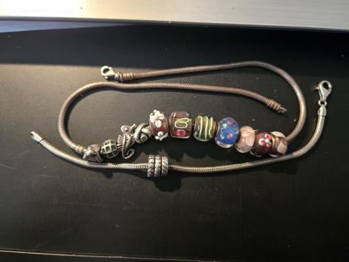 Pandora armband 19 cm,ketting 42 cm,7 kralen,4 zilveren kralen en 3 ringen