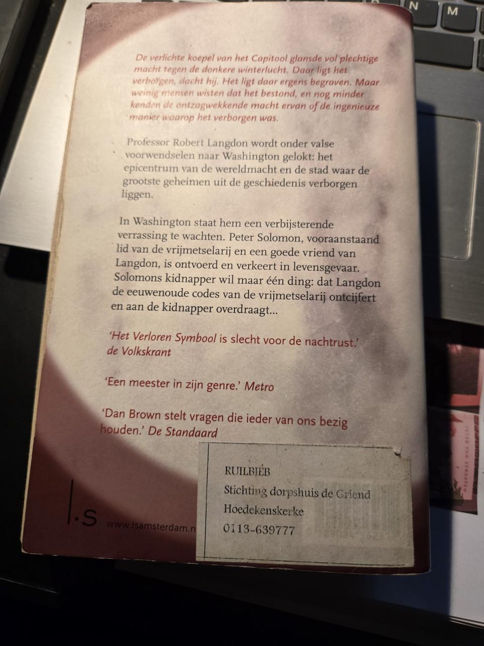 Boek: Het verloren symbool -  Dan Brown 2013 9e druk 527 blz.