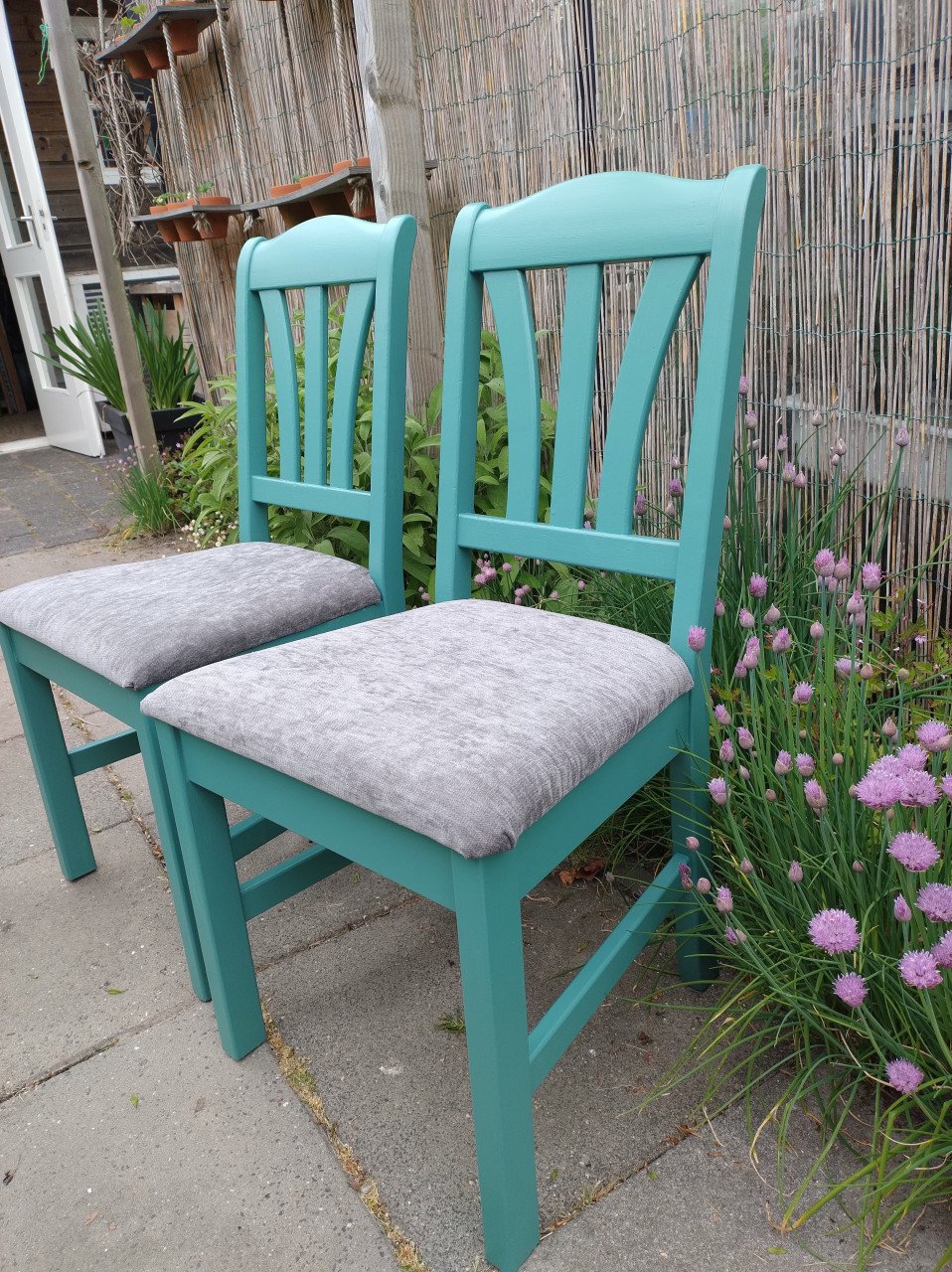 5 eetkamerstoelen, kleur "nevelig landschap"