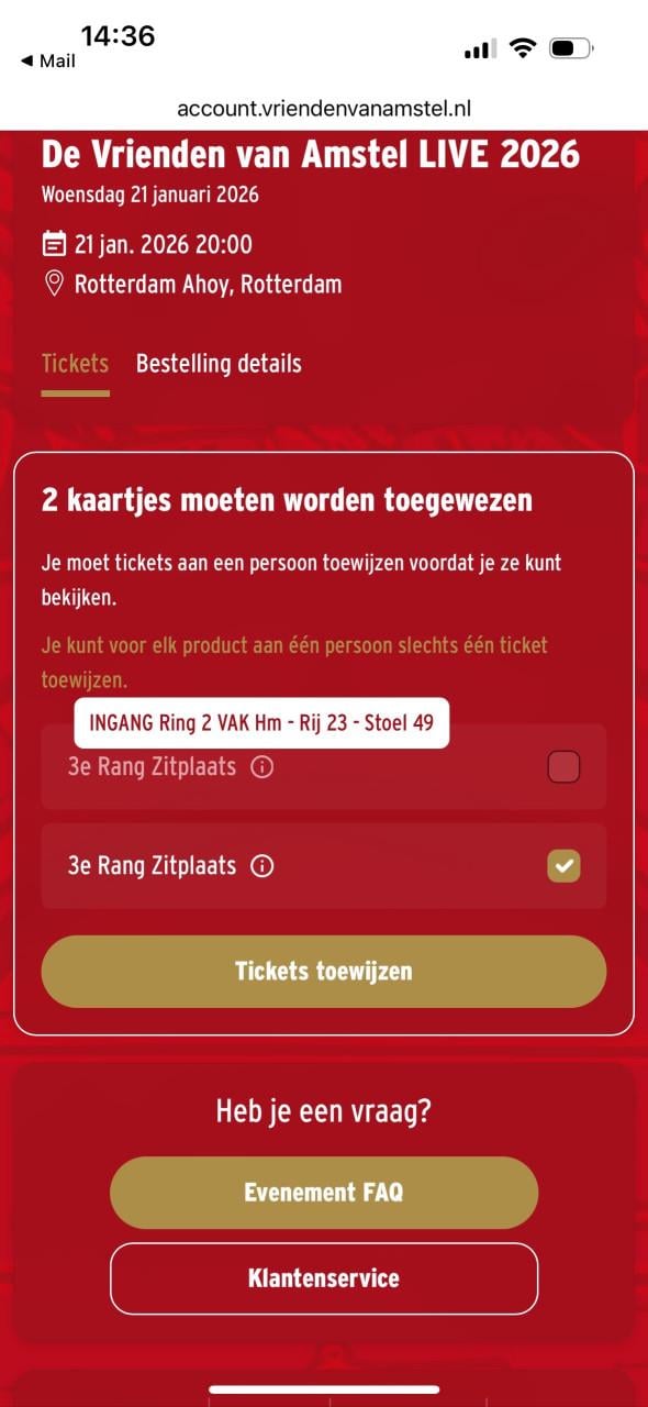 Vrienden van Amstel Live 2x tickets 3e rang zitplaats