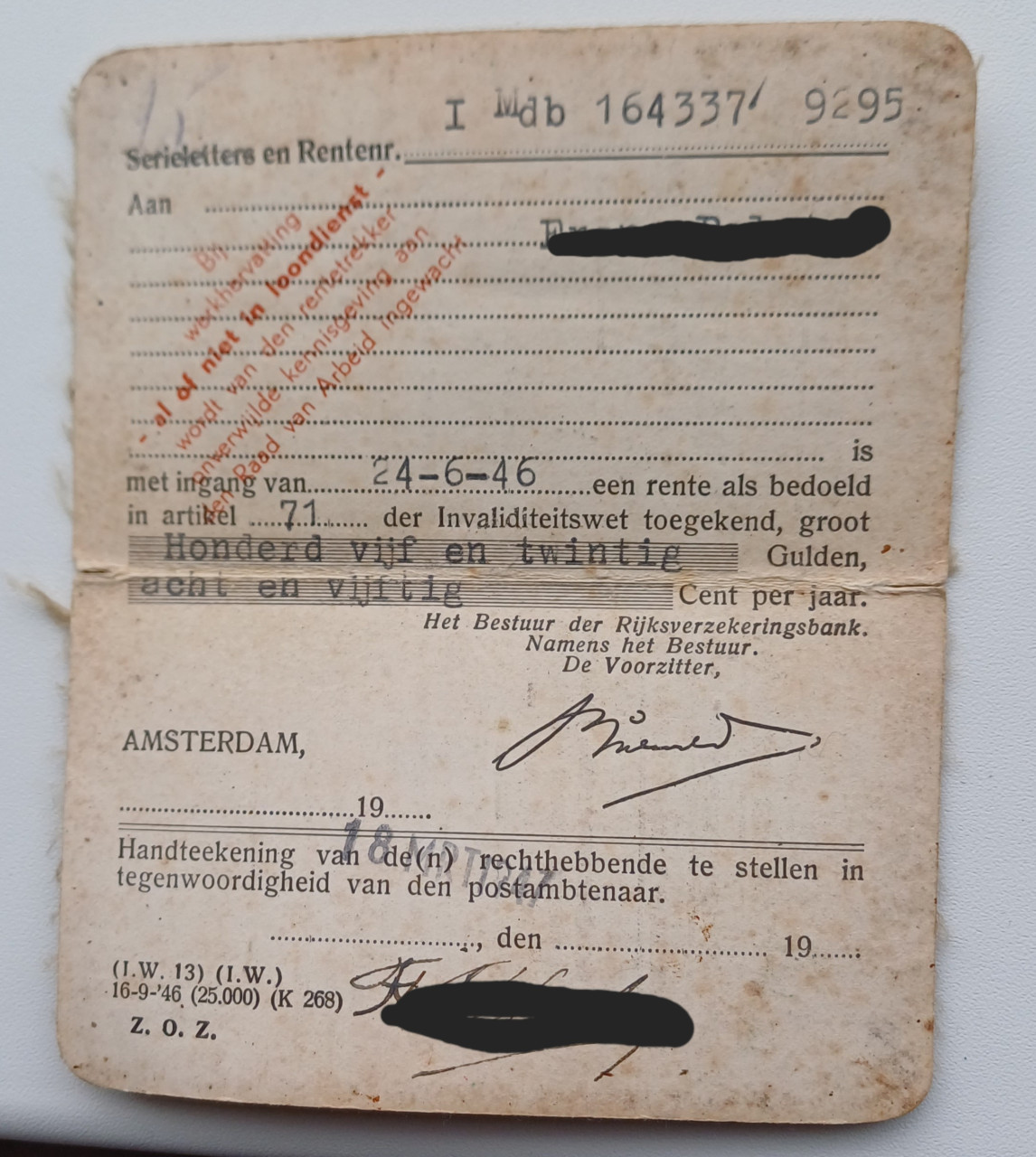 Bewijs van toekenning invalideteitswet uit 1946