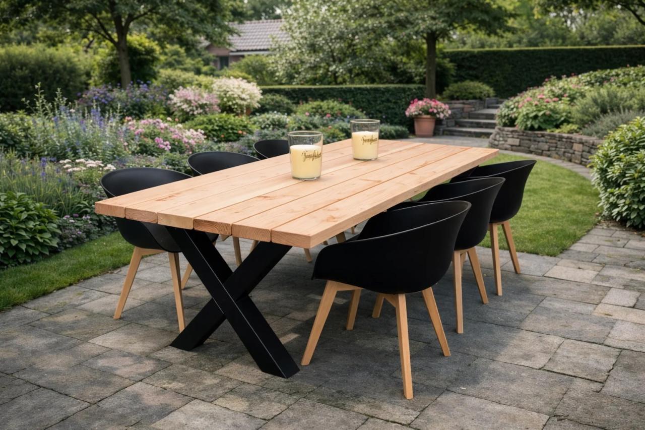 NIEUWE DOUGLAS TUINTAFEL 250/300 CM MET STALEN X POTEN