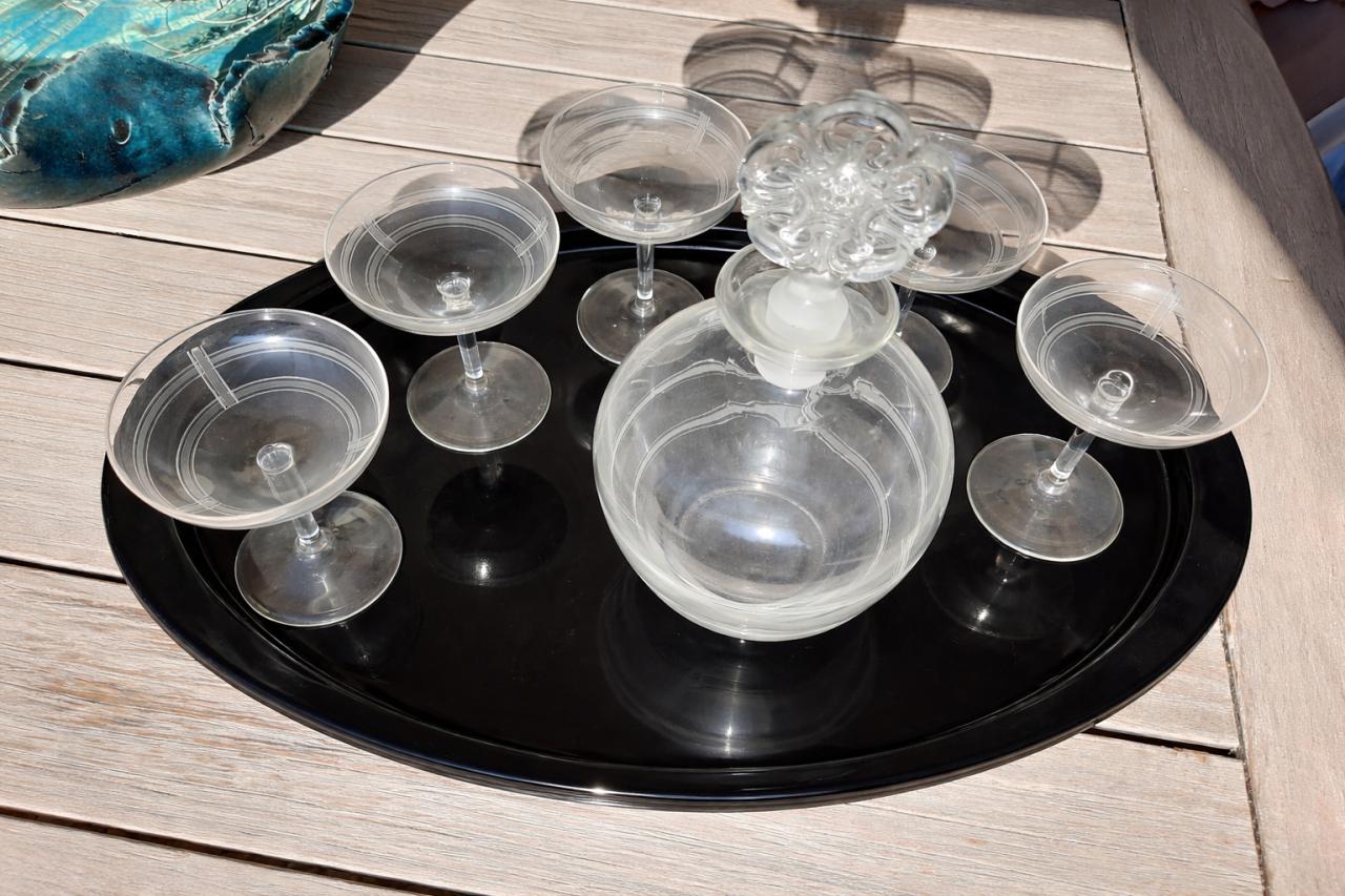 Likeurset - onderblad, karaf en 6 glazen