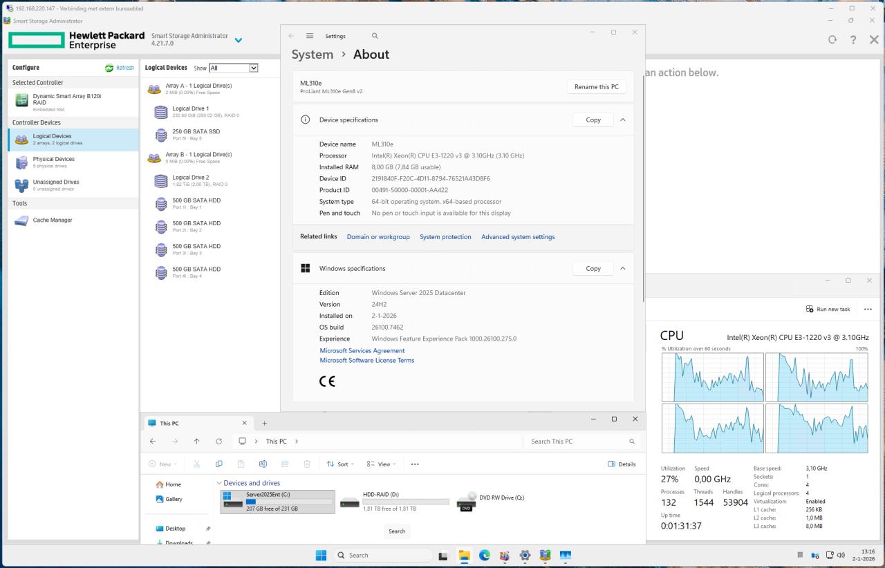 HPE Proliant ML310e Gen8v2 XEON E3-1220 8Gb 250Gb-SSD 2TB-RAID 75€
