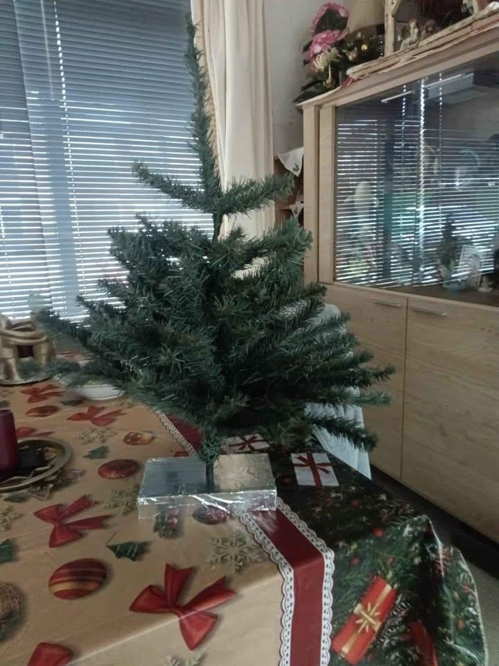 Kleine kerstboom met zilveren houten voet