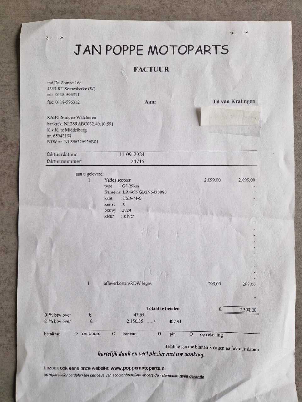 Yadea G5 Elek. Scooter 25 km/u Type Max 34 km/u. Teller 232 km