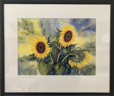 PRACHTIGE AQUAREL ZONNEBLOEMEN IN BLAUW HOUTEN LIJST