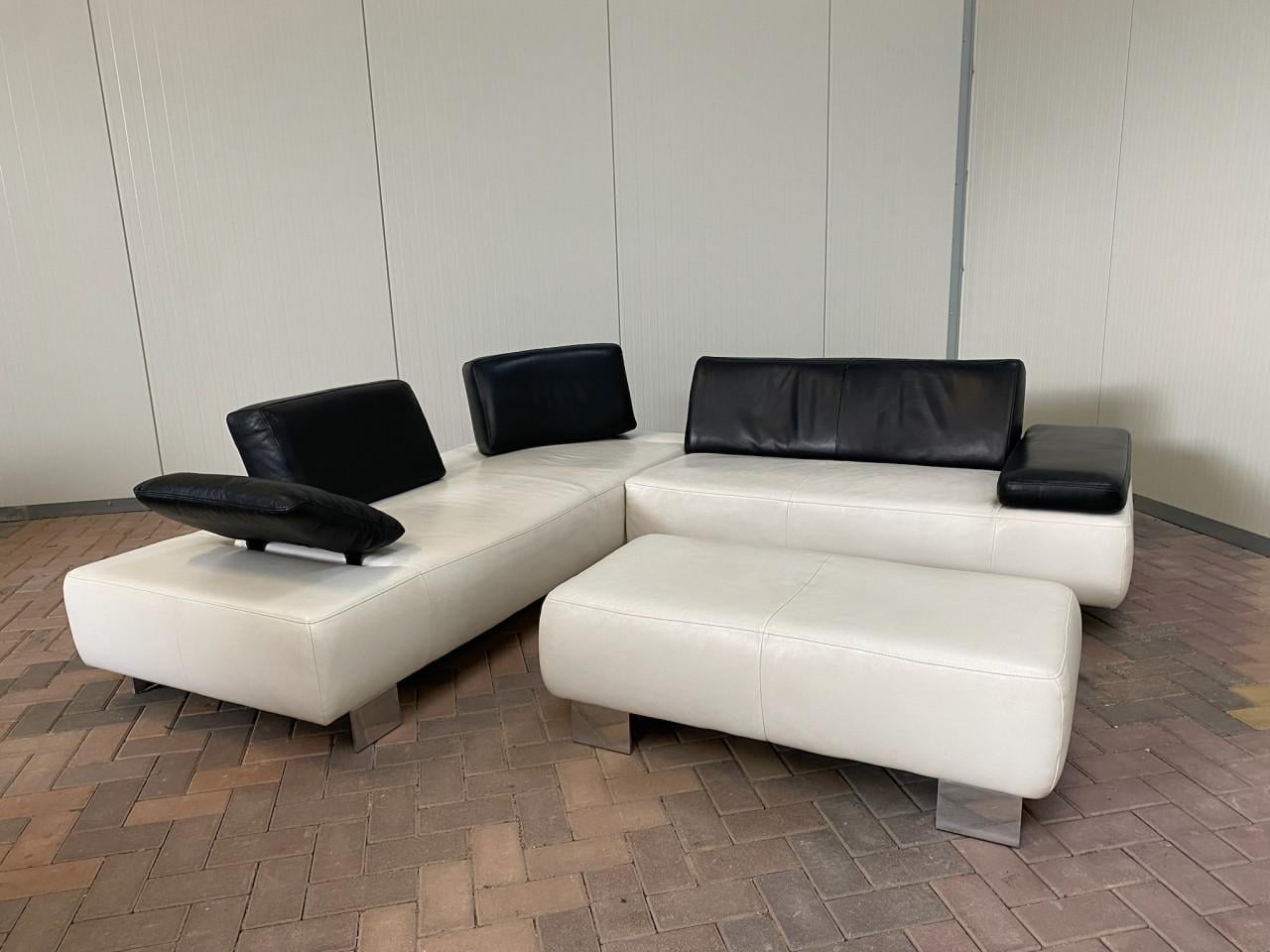Montèl Witte Leren Hoekbank met Hocker–Luxe Echt Leer–Gratis Levering