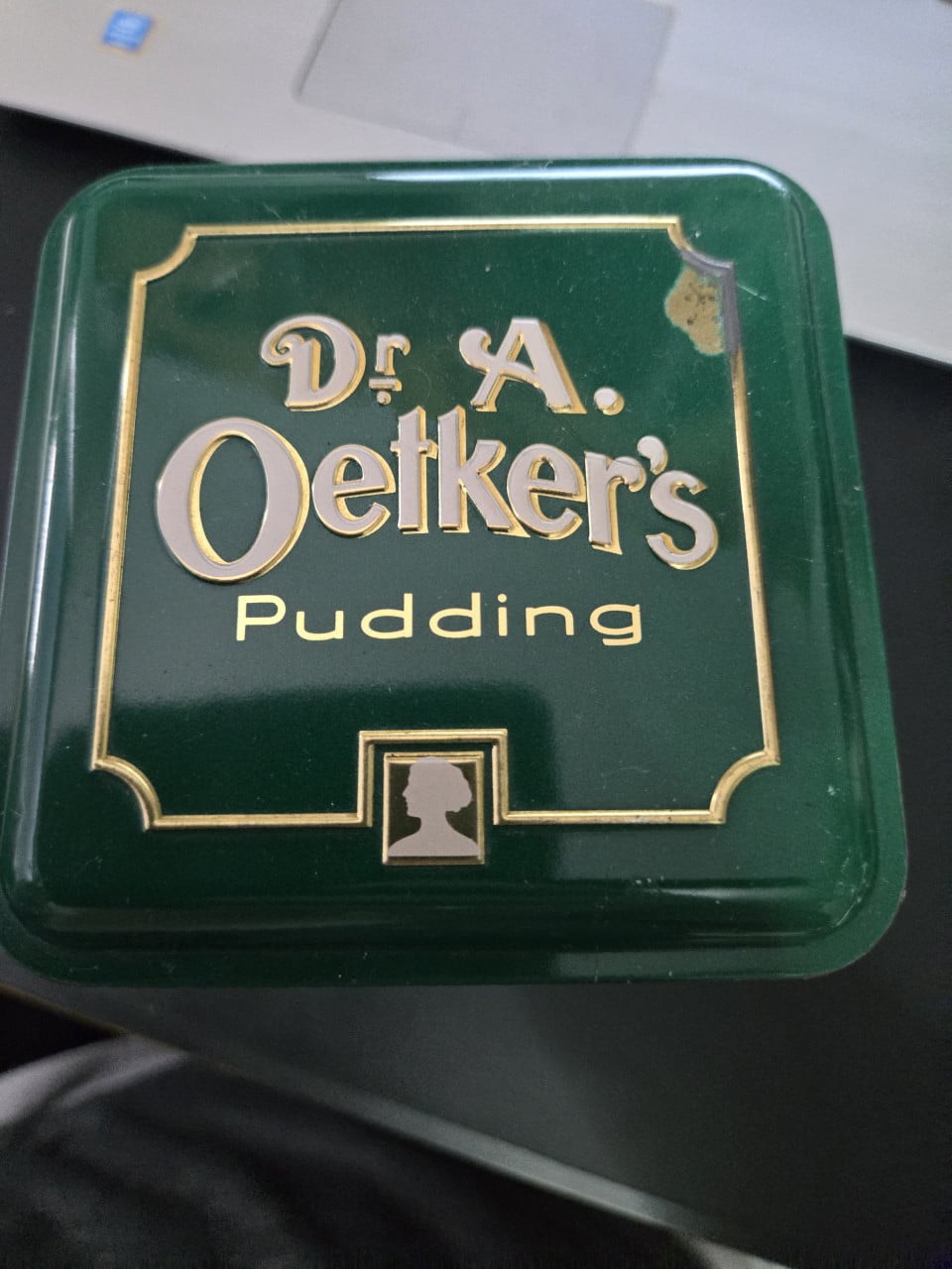 Vintage Dr. Oetker puddingblik 15x10x10 cm