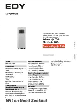 Mobiele airco Edy, energieklasse A  5jr fabrieksgarantie (Outlet/nieuw)
