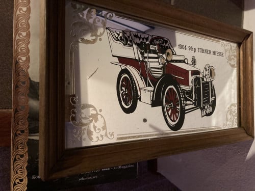 Reclamespiegel met lijst auto Turner Miesse 1904 stoomauto