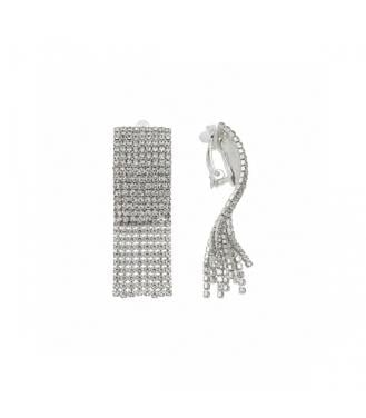 Zilverkleurige oorclips met lange soepel vallende strass sliertjes
