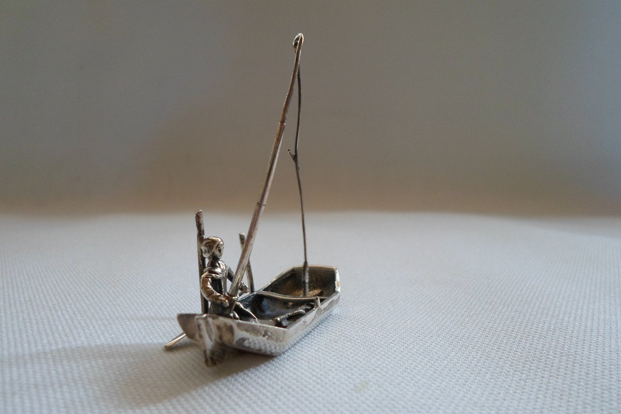 Zilver Miniatuur Visser Boot Hengel