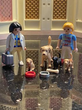 Playmobil hond met puppy’s baasje en (dieren)arts