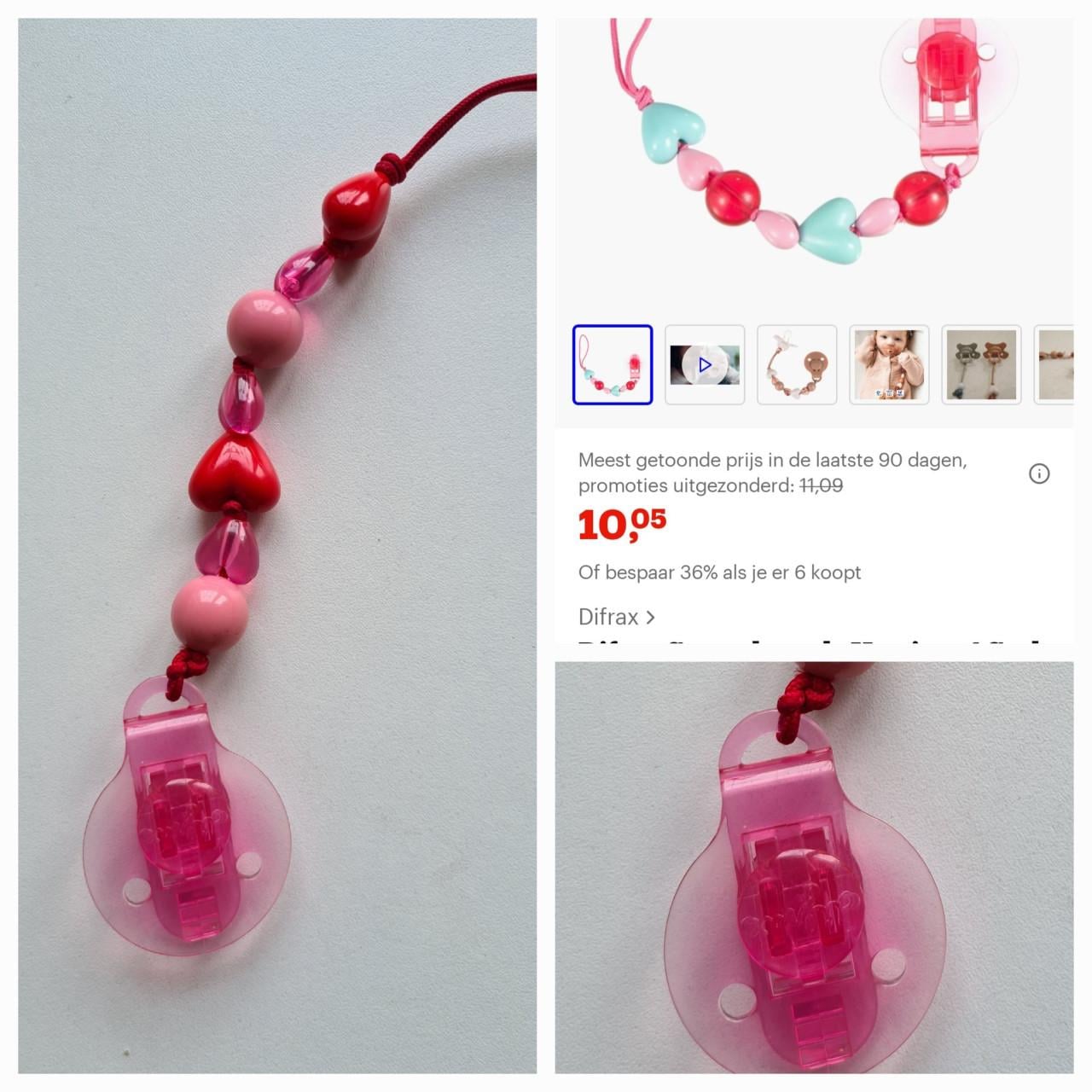 Nieuw ! Difrax Hartjes Speenkoord in het roze en rood