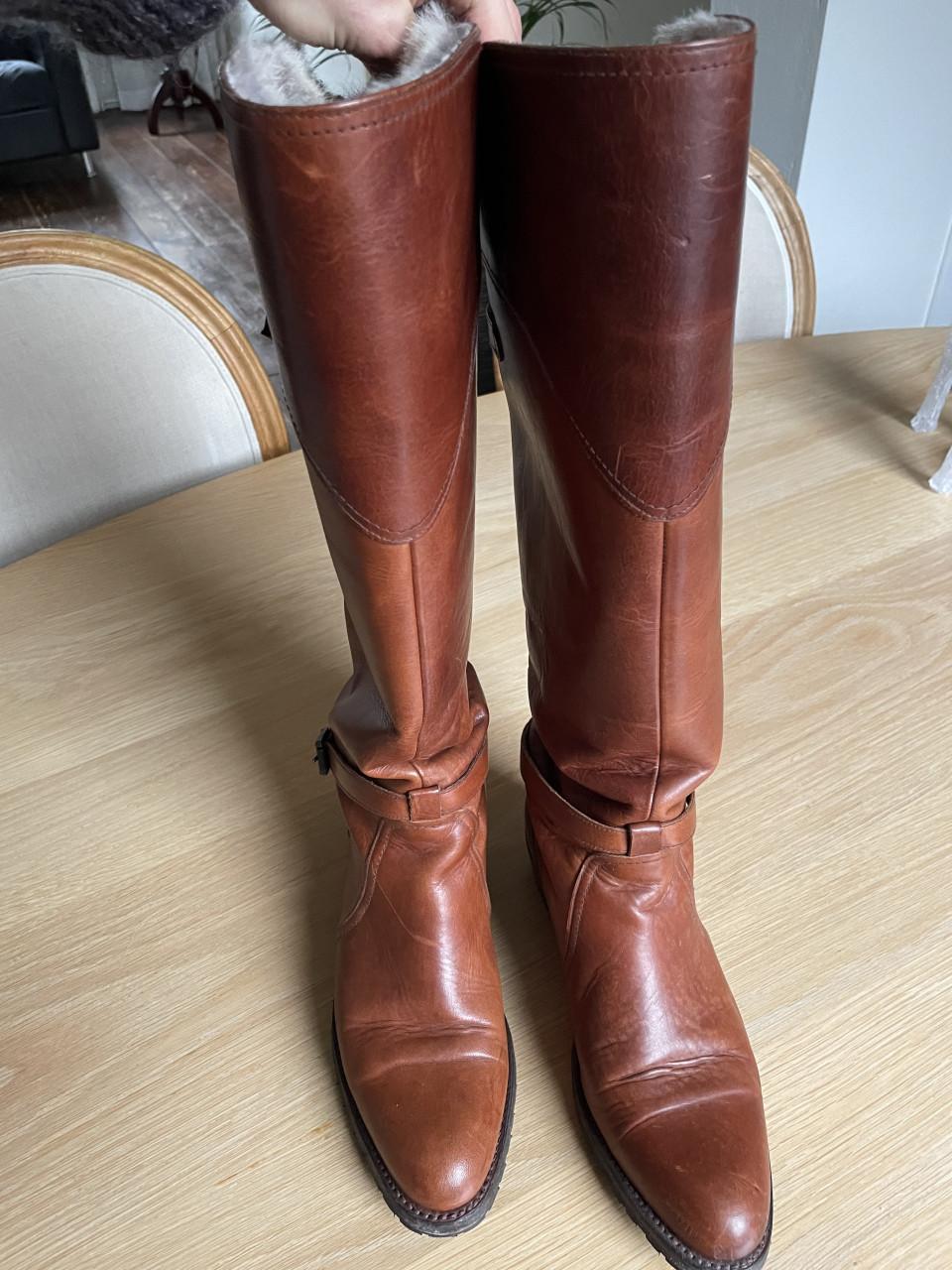 Cognac leren Frye boots met konijnenbont, maat 39