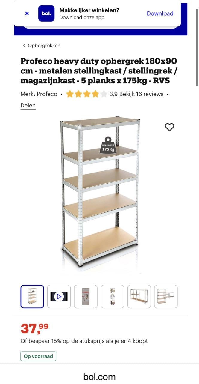 Opbergrek 180x90cm  stellingkast  stellingrek magazijnkast 5 planks 175kg