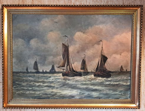 Prachtig schilderij vissersboten botters op weg naar het strand